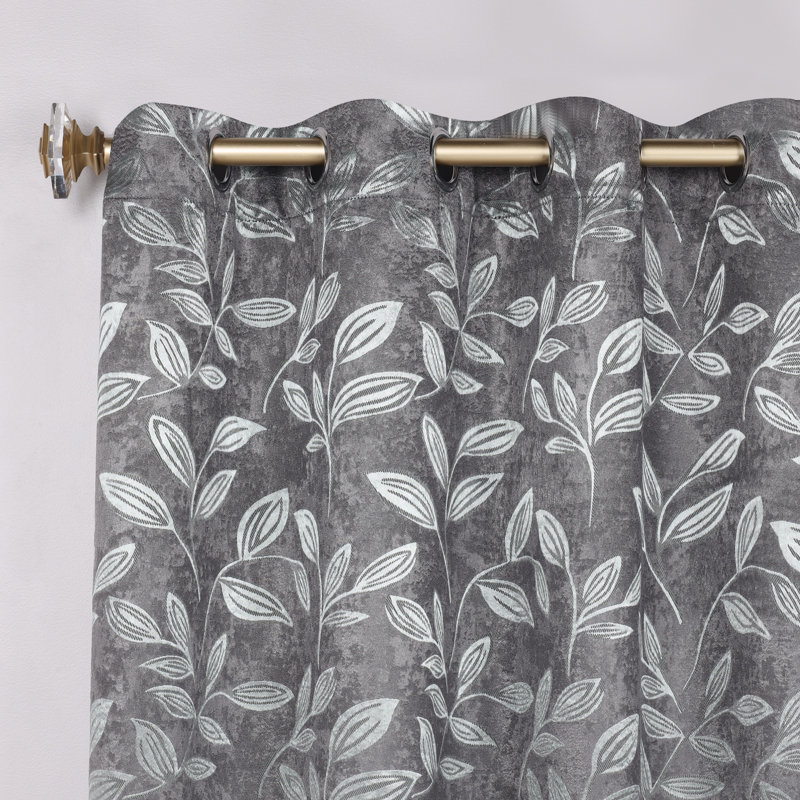 Finklea Floral Pattern Polyester Light Filtering/Room Darkening Rod Pocket Curtain Panels, Nickel Black, 42" W x 84" L
