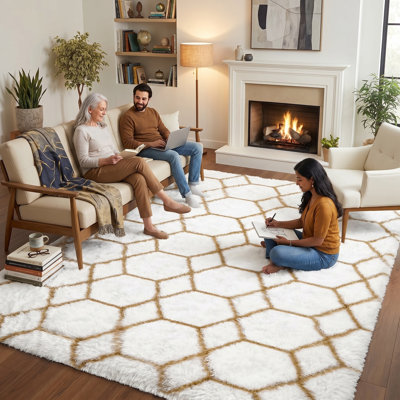 Tapis à poils longs 8 x 10 pi à motif géométrique doux et moelleux pour le salon, blanc