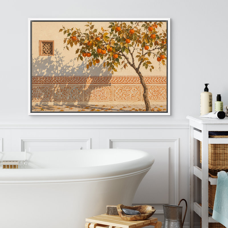 Méditerranée, arbre orange, cour, paysage rétro, art mural, impression sur toile, H 24 po x l 36 po, Blanc