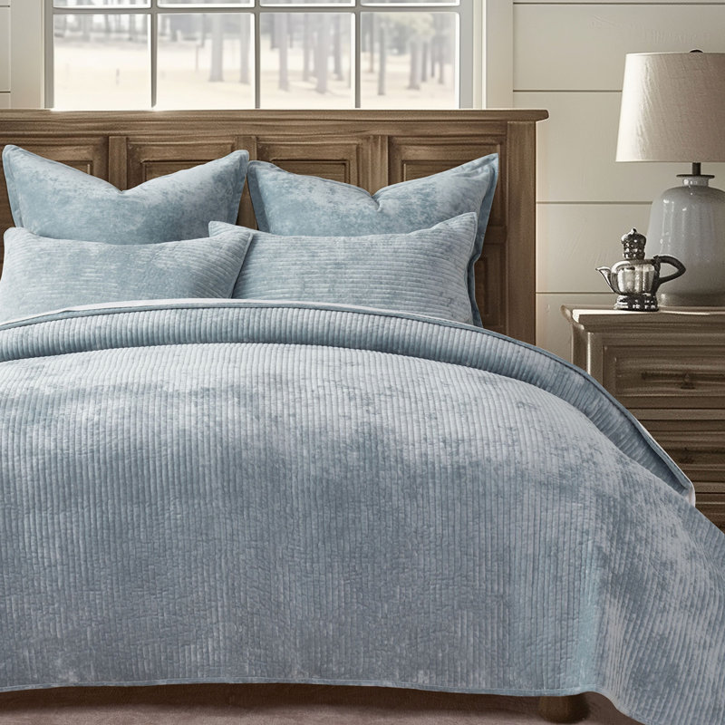 Striped Channel Velvet Quilt Set, Queen, Blue Linen