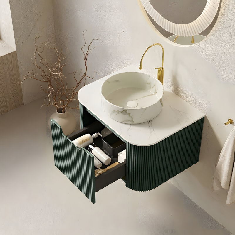 Meuble-lavabo suspendu de 61 cm avec tiroir de rangement et lavabo rond blanc mat, 24, Blanc mat