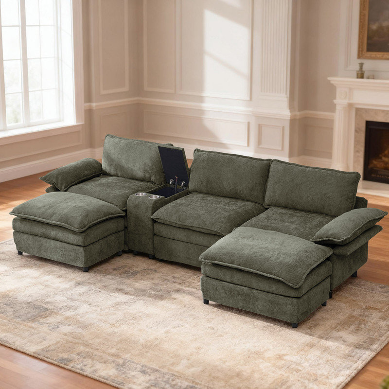 Canapé modulaire en U en chenille avec haut-parleur Bluetooth, chargement sans fil, console de rangement, Chenille verte