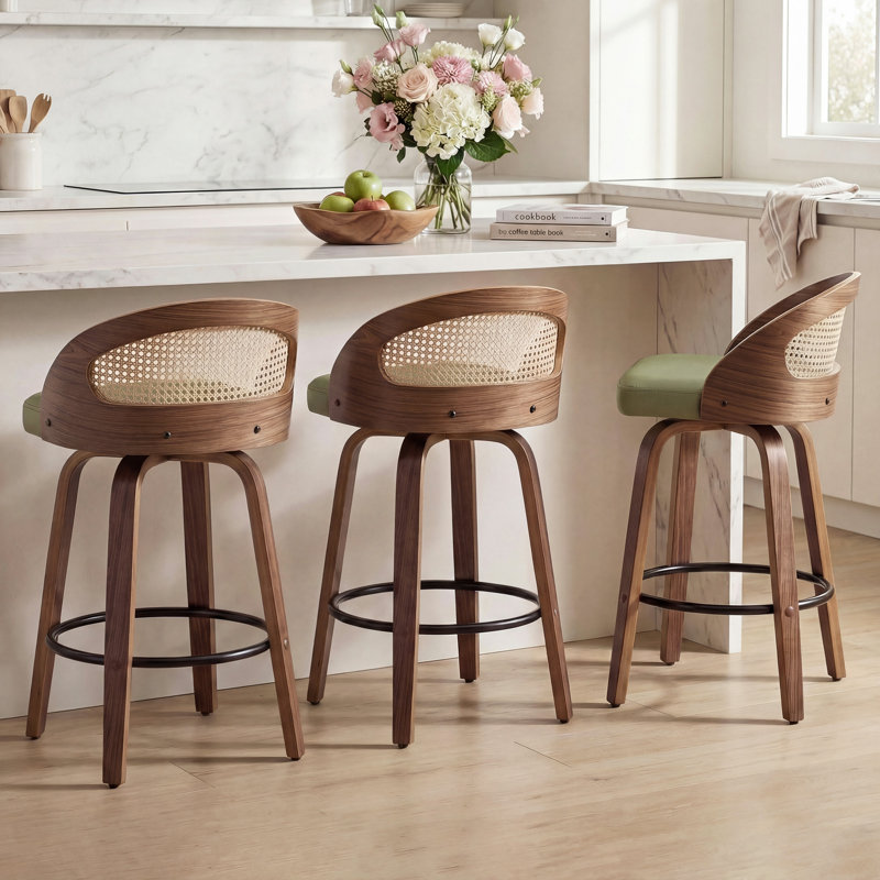 Swivel Upholstered Counter Stool with Solid Wood Frame, Counter Stool (63.5cm Seat Height), Green Faux Leather