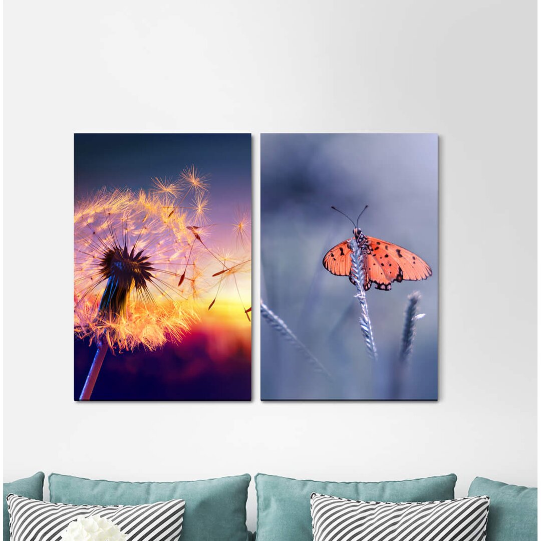 2-tlg. Leinwandbilder-Set - Fotografie „Blowball Butterfly Summer Warmth Soft”