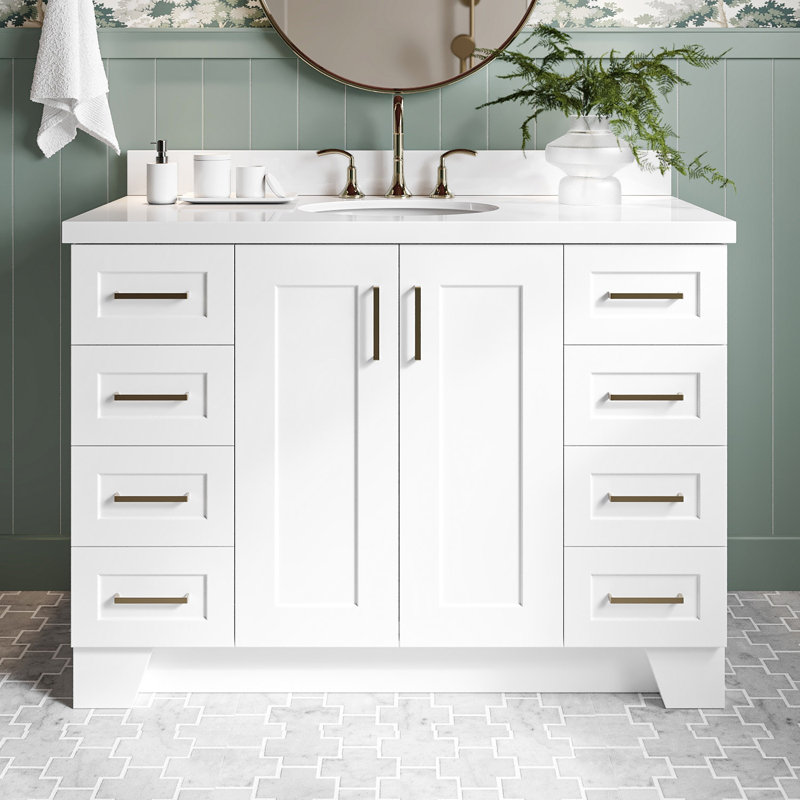 Freitas 48'' Solid Wood Single Bathroom Vanity, White, Oval, White Quartz