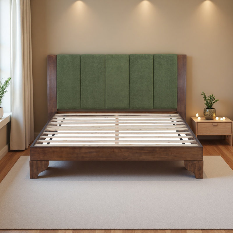 Cadre de lit en bois de pin de qualité supérieure, cadre de lit avec tête de lit inclus, lit Mid-Century moderne, Noyer