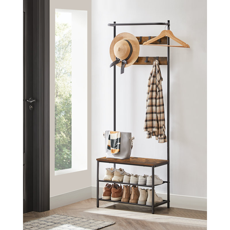 Hall Tree 25.2" Wide with Bench and Shoe Storage, Entryway Bench with Coat Rack Stand, 9 Movable Hooks, Top Bar