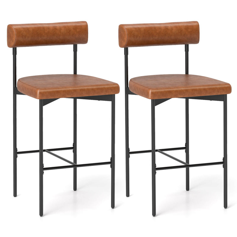 26" Upholstered Bar Stools With Padded Cushion & Backrest Footrest, 2, Brown