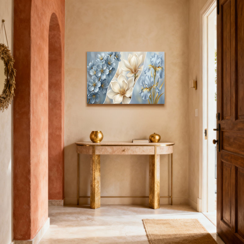 Ensemble de 1 tableau sur toile tendue représentant des fleurs bleues et un magnolia blanc, H 12 po x l 18 po, Toile tendue