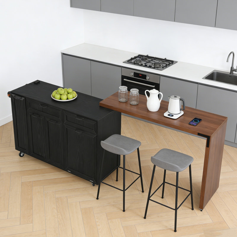 102.3"W Kitchen Island with Extendable Dining Table and Tilt Out Trash Cabinet, Drawers, Pull-Out Spice Rack, Black