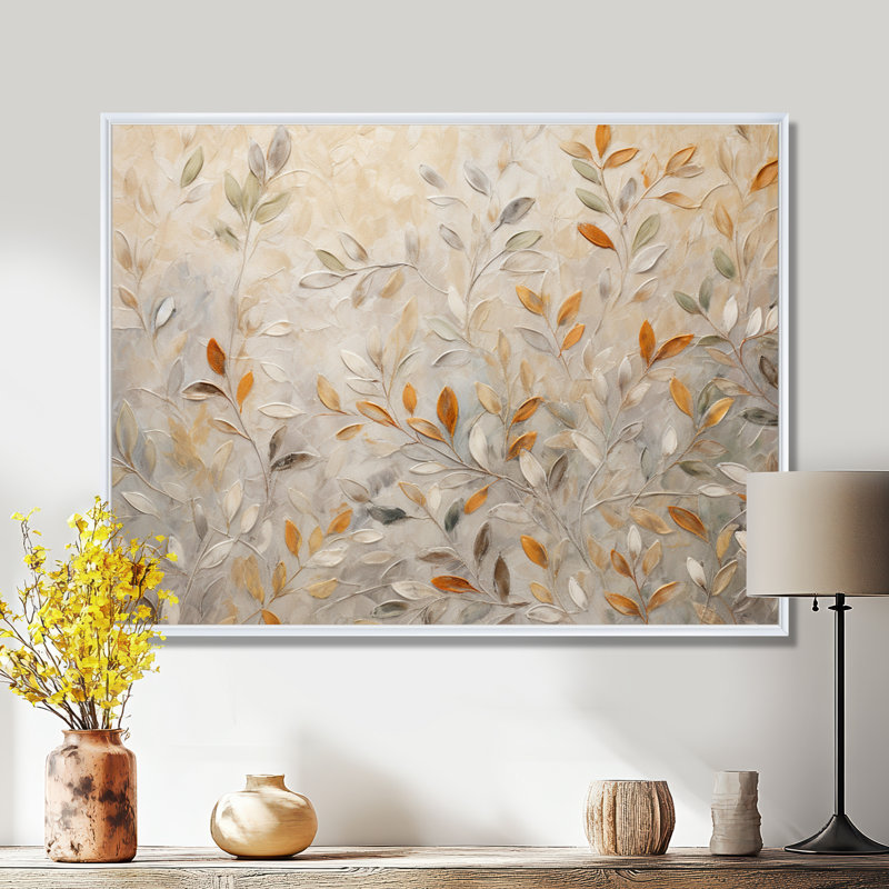 Impressions botaniques beiges I - reproductions de toiles abstraites, H 12 po x l 20 po x P 1 po, Cadre flottant blanc
