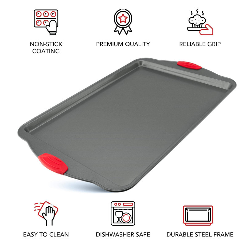 Heavy-Duty Nonstick Gray Sheet Pans with Red Silicone Grips