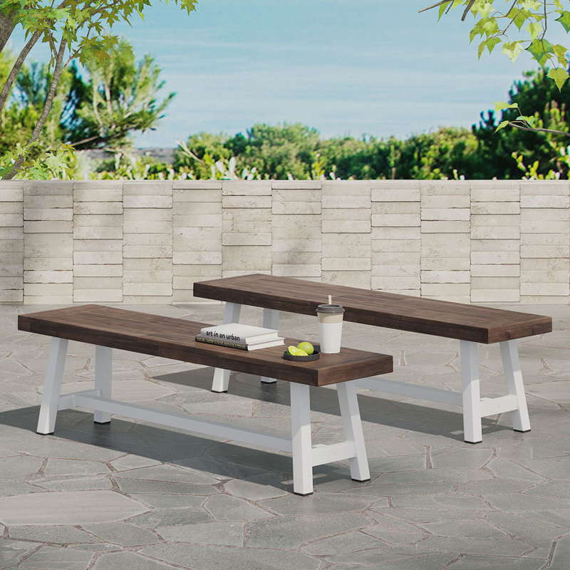 Bancs d'extérieur en bois d'acacia résistant aux intempéries, ensemble de 2, design industriel moderne pour patio et jardin