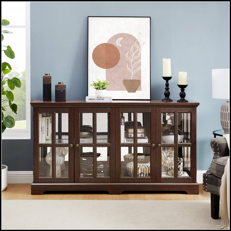 Vitrine à DEL rétro à 4 portes - portes en verre, tablettes réglables en verre, dossier en acrylique, poignées en métal