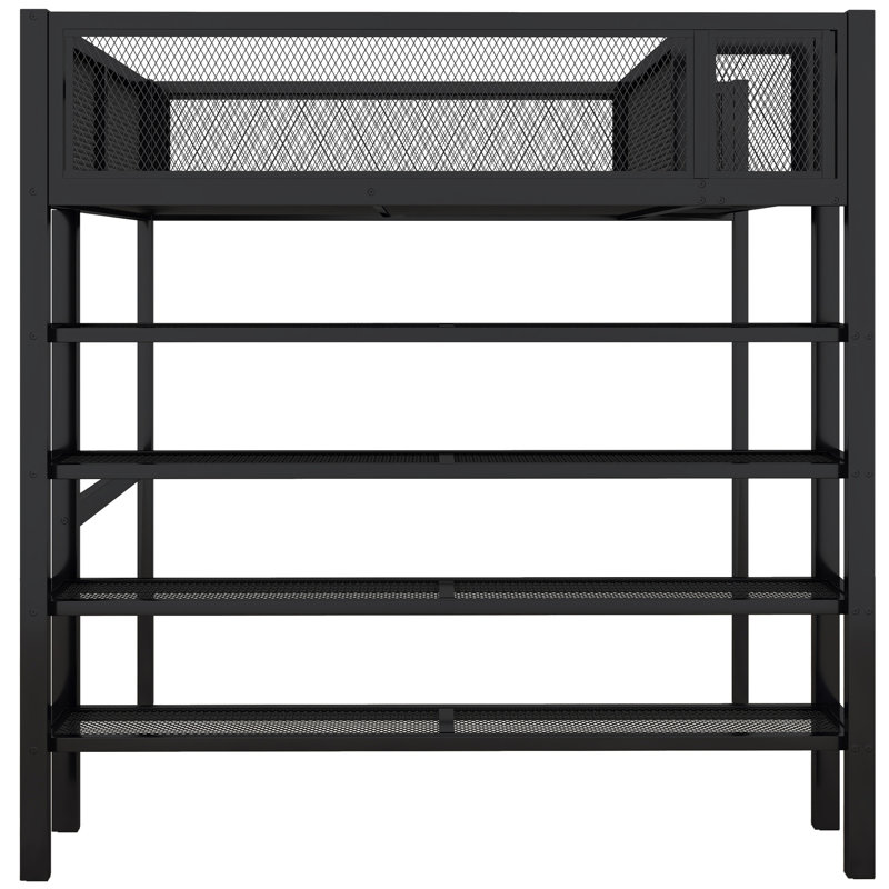 Lit mezzanine en métal avec rangement, noir - 4 tablettes et un ajout élégant à la chambre à coucher. Couleur. Design moderne. 20 lattes robustes. Tablettes. Poste de travail spacieux. Facile à monter. Garde-corps. Côté