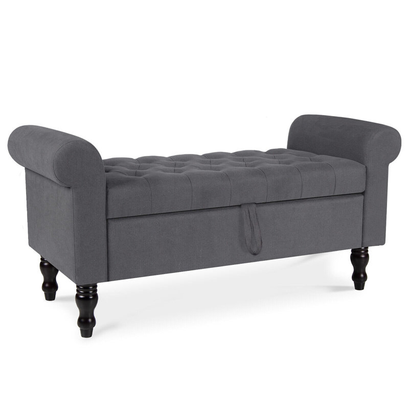 Gray Upholstered Storage Bench with Rolled Arms and Solid Wood Legs