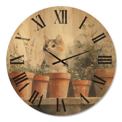 Terracotta Pot Perch I - Farmhouse Round Wood Wall Clock
