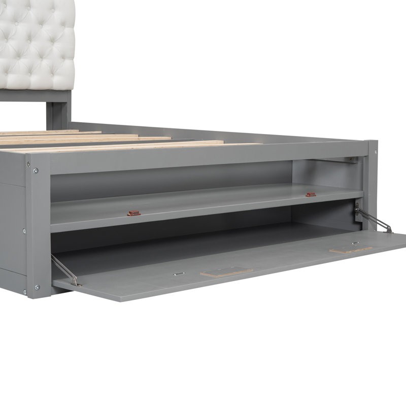 Lit plateforme avec tête et pied de lit avec rangement, Gris