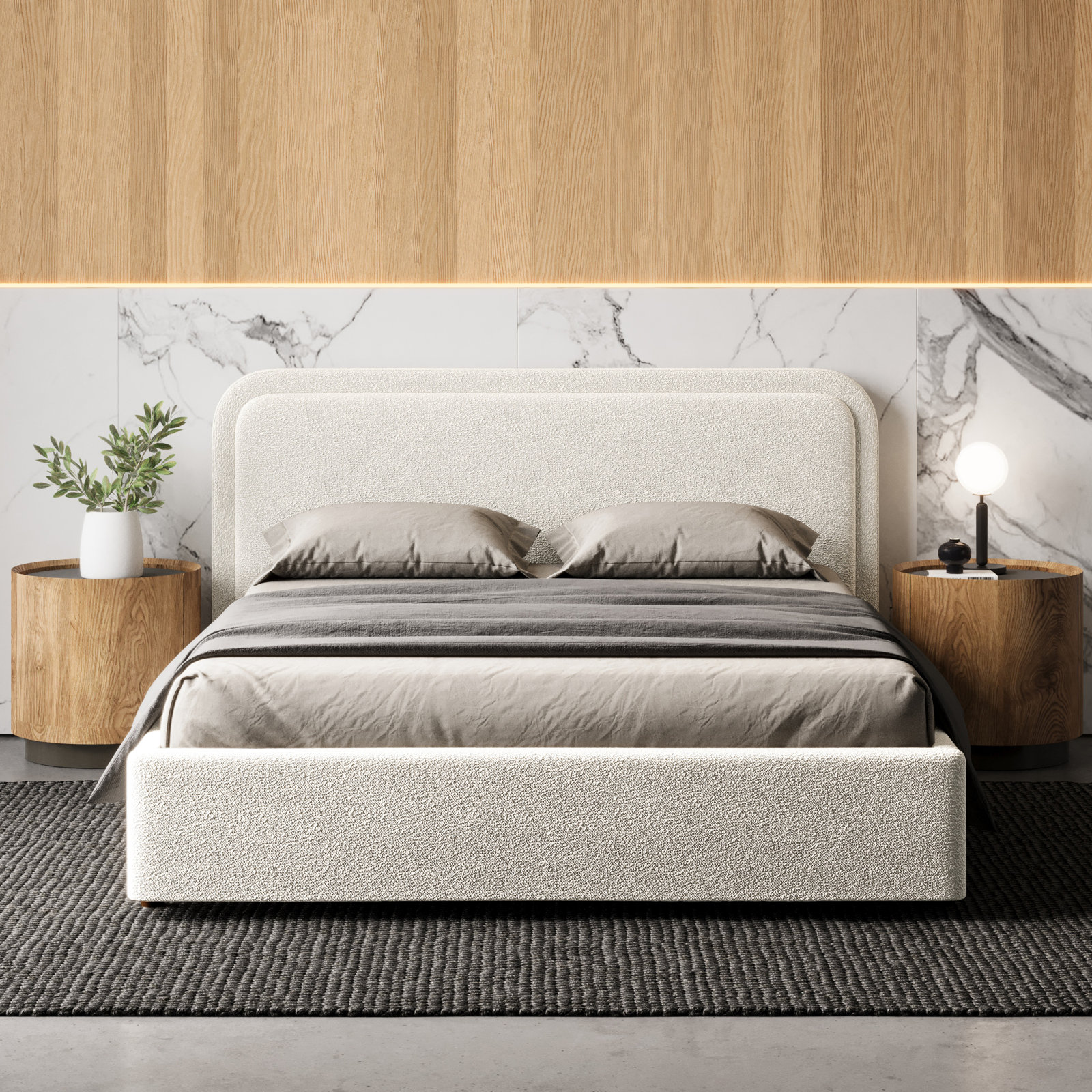 Baneza Platform Bed, Queen, White Boucle