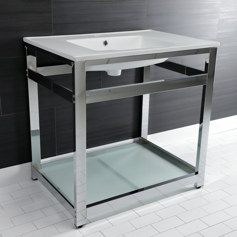 Kingston Brass Quadras 31-Inch Ceramic Console Sink with Steel Base and Glass Shelf, White/Chrome, Single