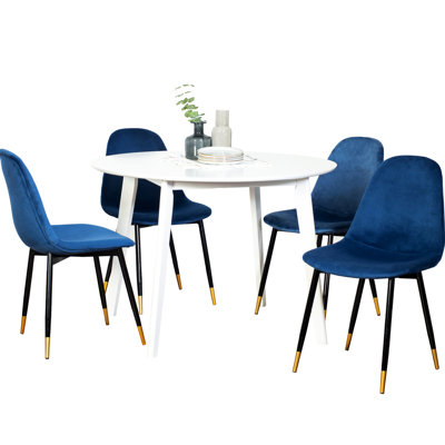 Table de salle à manger contemporaine contemporaine 5 - table ronde blanche et 4 chaises luxueuses en velours d'hévéa fabriquées en bois d'hévéa