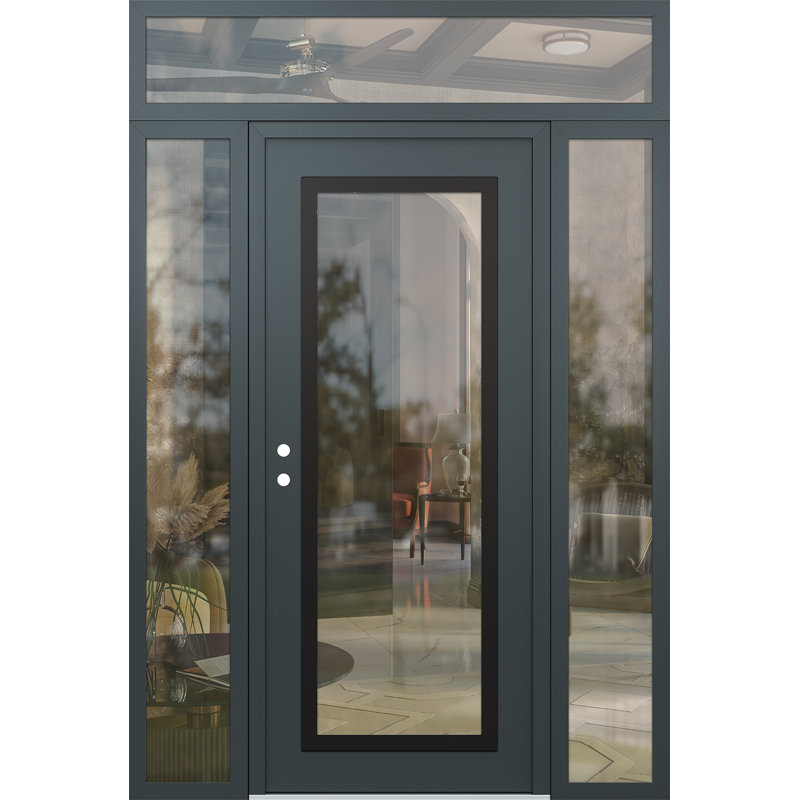 Panneau d'entrée en acier noir anthracite / anthracite avec panneau latéral et porte d'entrée pré-montée traverse, Clair, Oui