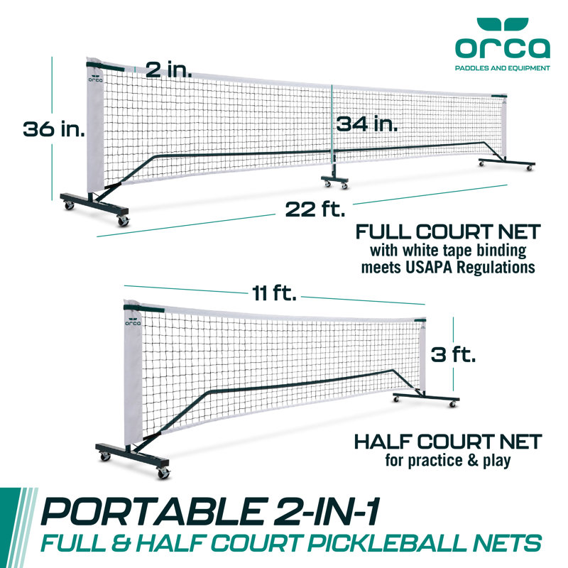 Orca 2-in-1 Pickleball Net 22-ft Full Court and 11-ft Half Court Net Set with Locking Wheels