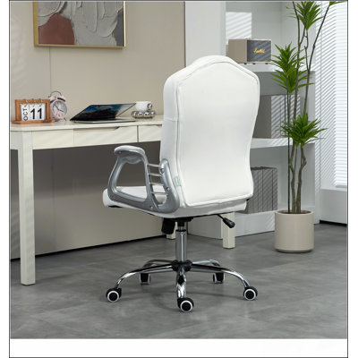 Chaise de bureau à domicile, chaise d'ordinateur, chaise de bureau capitonnée à boutons avec roulettes pivotantes, hauteur réglable et fonction d'inclinaison, blanc