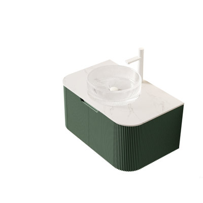 Meuble-lavabo 30 po, armoire de salle de bain en contreplaqué rayé à bords arrondis avec tiroir, vasque en verre cristal transparent et plateau en pierre frittée, pré-assemblé
