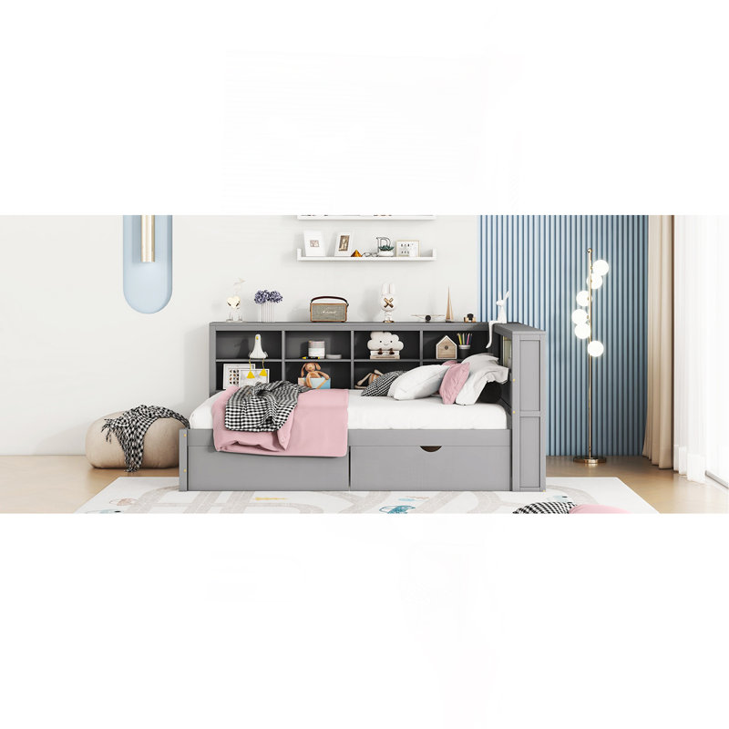 Wooden Full Size Daybed With 2 Drawers, Daybed With Storage Shelf And USB Charging Ports,Grey, Grey