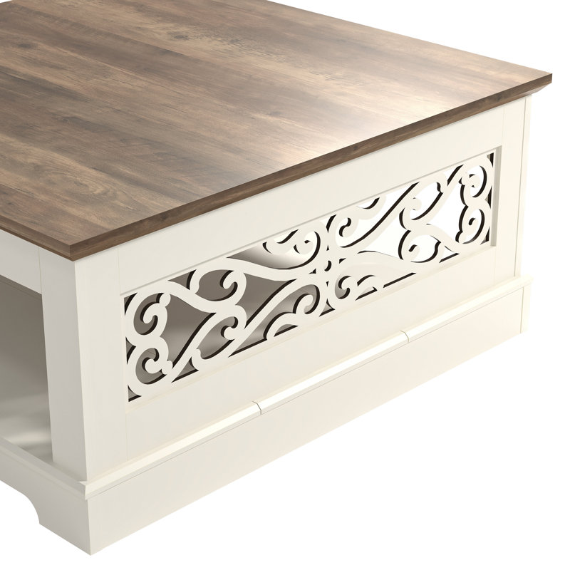 Table basse avec rangement Korbin, Ivoire / chêne noueux