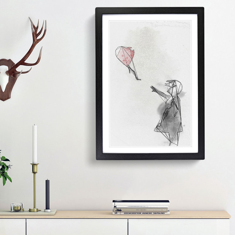 Red Balloon Girl in Abstract by Banksy - Picture Frame Graphic Art Print on MDF, 36cm H x 27cm W x 2cm D, Black Framed