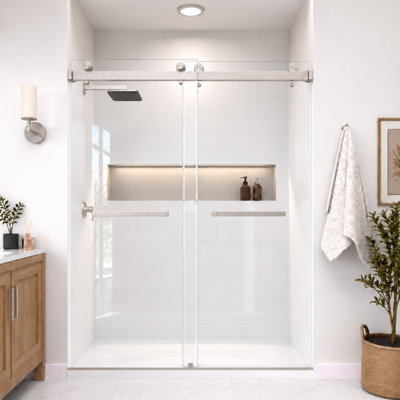 Catalyst 56"- 61" W x 79" H Double Sliding Frameless Shower Door in Brushed Nickel with 3/8" Clear Glass