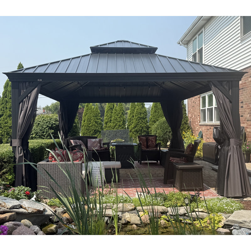 PURPLE LEAF 13' X 17' Permanent Hardtop Gazebo Aluminum Gazebo with Galvanized Steel Double Roof for Patio Lawn and Garden, Curtains and Netting Included, Gray