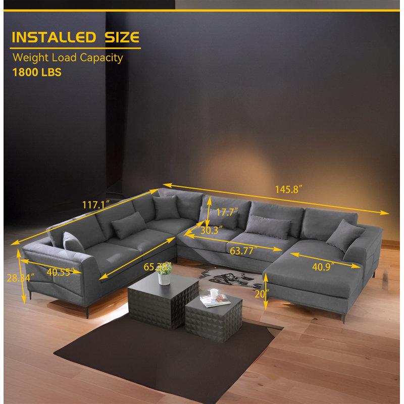 Large Sectional Sofa, Dark Grey Boucle