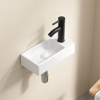 Milk White Wall Hung Rectangle Ceramic Cloakroom Sink, American Traditional Style, 14*7*3Inch, Left Hand, Single Tap Hole, Ideal For Bathroom And Hand White, Hole Utility Room