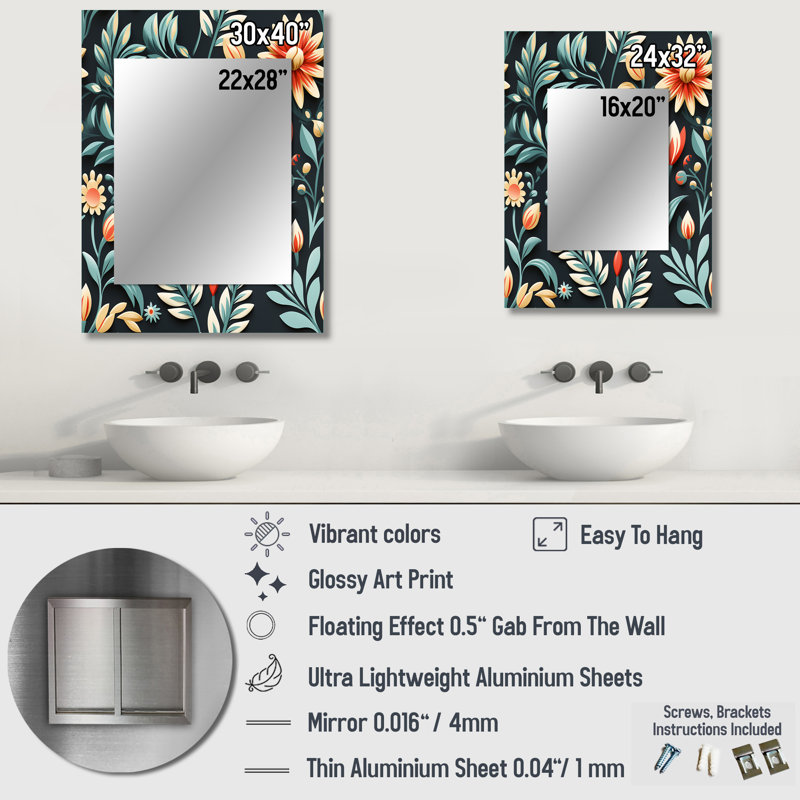 Sylee Tribal Green Damask Accents - damask  Mirror, Boho Unique Wall Mirror, Printed Metal Art, 40" x 30"