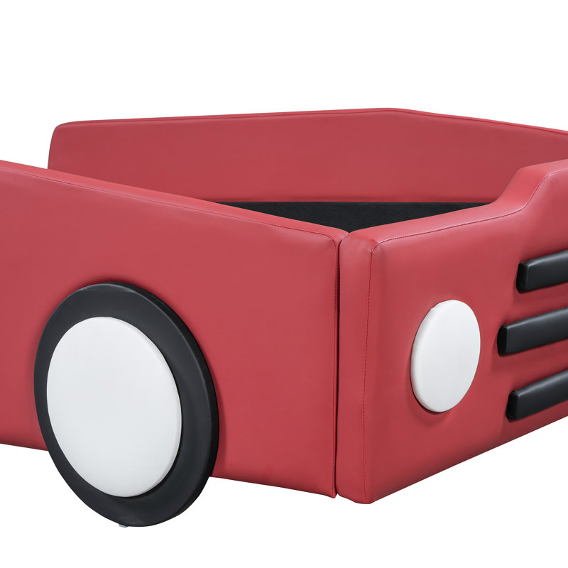 Red Twin Size Bed With Race Car-shaped Construction And Wheels, Comfort Combined Platform Wheels Car Design, Stable Comfortable Resting