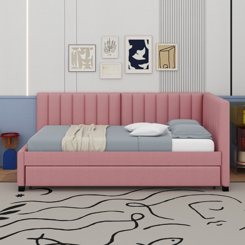 Twin Size Sofa Bed Upholstered Daybed With Trundle, Pink