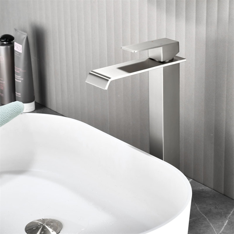 Waterfall Bathroom Vessel Faucet With Pop-Up Drain Single Hole Bathroom Vessel Sink Faucets Stainless Steel Single Handle Tall Bathroom Vanity Basin Taps