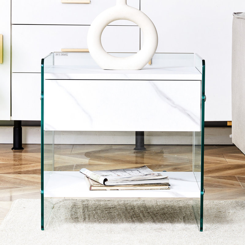 Table de chevet à tiroir - Surface lisse avec grain blanc, structure en verre transparent, stable pour une utilisation quotidienne, surface de bureau et de chambre à coucher appropriée, sur les côtés, assemblage rapide, utilisation variée