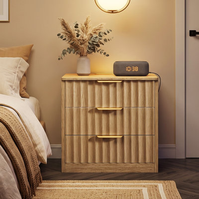 Nightstand with 3 Drawers, Charging Station and LED Lighted for Bedroom