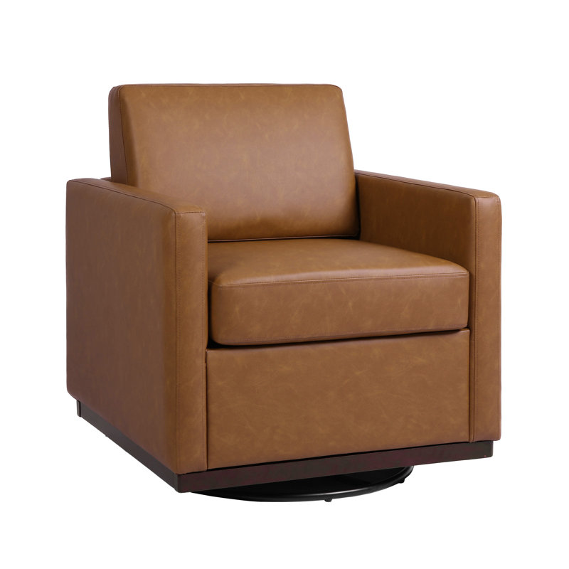Modern Upholstered Brown Faux Leather Square Swivel Armchair with Matel Base, Brown Faux Leather
