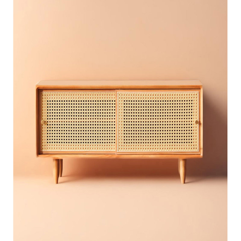 Minimalist solid wood rattan shoe cabinet, 17.72" H x 31.5" W x 13.78" D, Orange