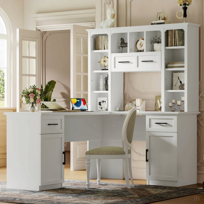 Bureau d'ordinateur en L avec 2 armoires et 2 tiroirs, 11 tablettes ouvertes et 1 tablette à droite rabattable avec rangement, avec prise de courant, pour bureau, salon et bureau