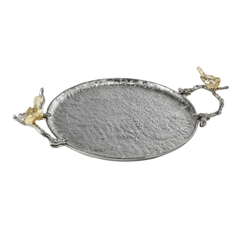 Plateau décoratif en aluminium argenté de 19 po avec poignées d'oiseaux dorées, plateau décoratif inspiré de la nature pour le service, l'organisation ou la pièce maîtresse 
