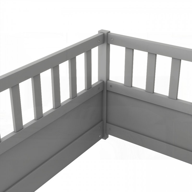 Lit simple au sol avec barrière de sécurité ultra haute Porte en pin massif gris, gris, Lit simple