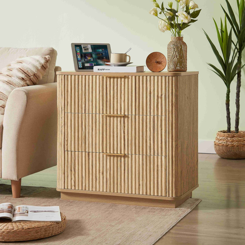 Commode 3 tiroirs, commode moderne à courbes de 27,6 po de largeur, table de chevet, rangement de tiroir en bois pour chambre à coucher, salon, couloir