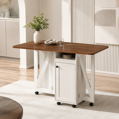 Table de salle à manger à abattants, panneaux latéraux pliables pour un gain de place, plateau en MDF, piètement blanc finition noyer, 128 cm (L) x 79 cm (l) x 76 cm (H)