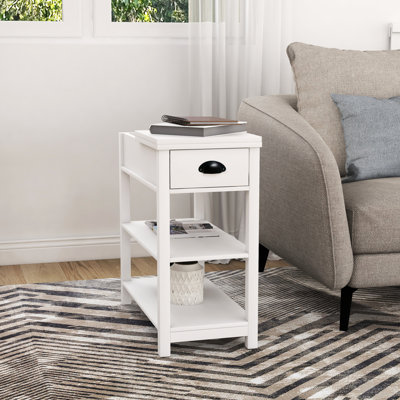 Narrow Side Table In White With Drawers And Shelf. Material, Painting Finish. 180° Flip Over Feature. Suitable For Living Room, Bedroom, Office, Study, Dormitory. Assembly Required Bottom Partition